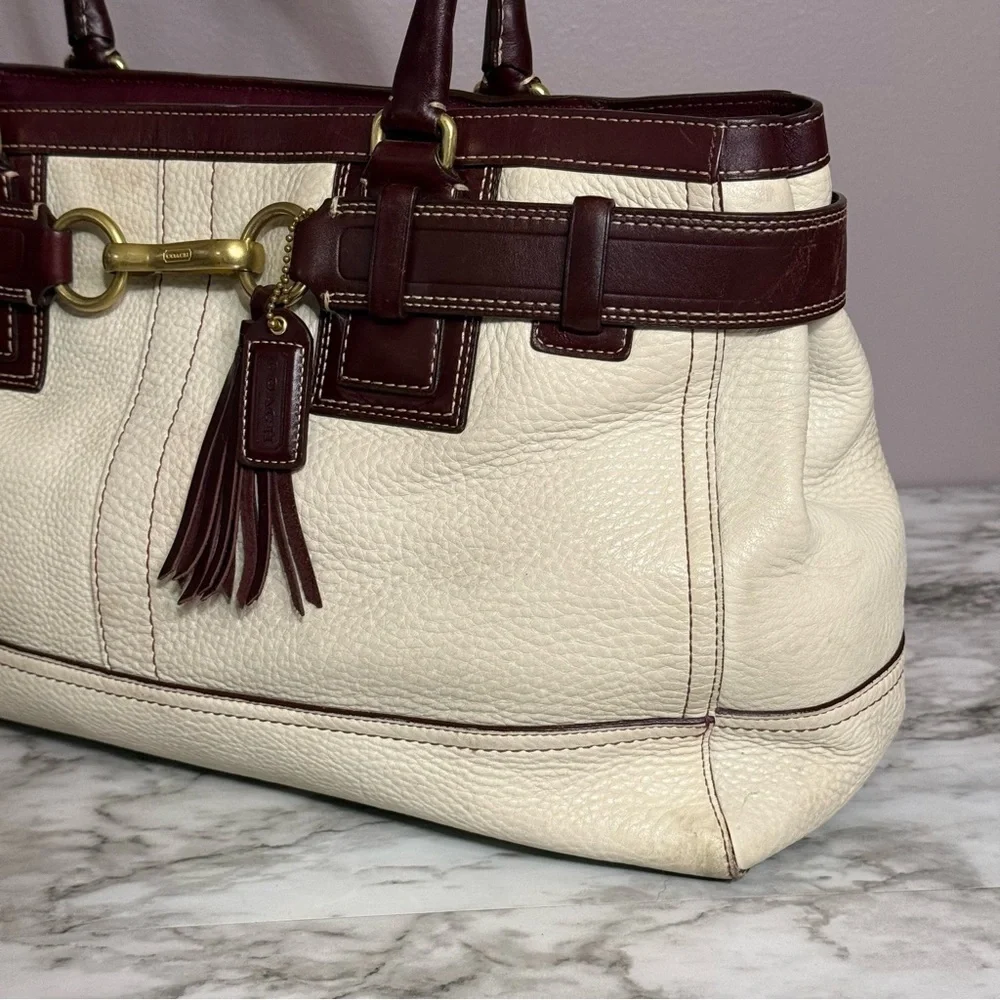 Y2K Coach Hamptons Carryall Shoulder Bag Ivory & Brown Pebble Leather Purse
